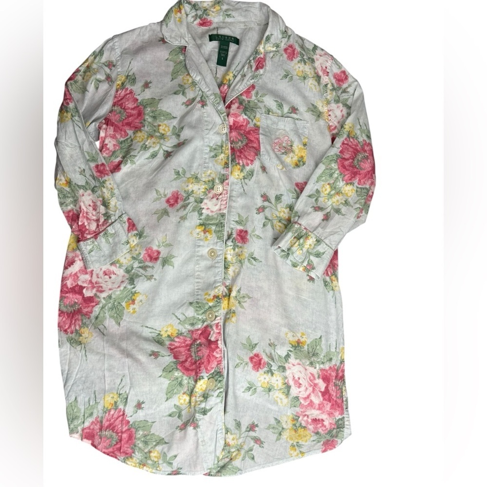 Lauren Ralph Lauren Floral Embroidered Soft Cotton Rayon Button-Up Nightshirt - Picture 13 of 16